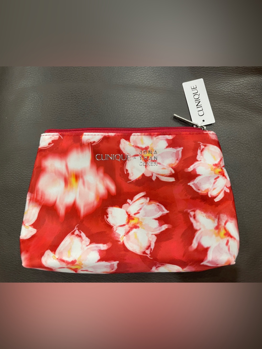 Clinique Red Floral Makeup Bag with White Blossoms